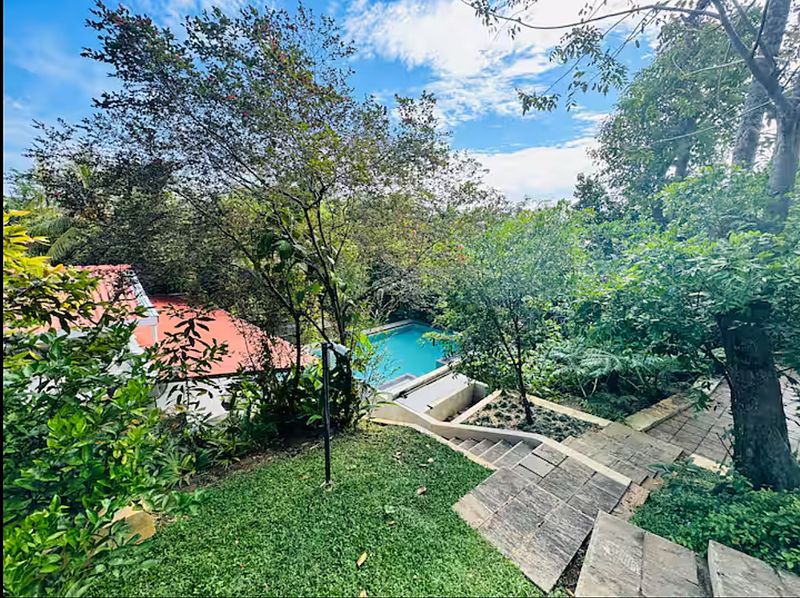 Stone steps winding down through the trees to the private pool and the villa's red roof, seen from the top of the garden